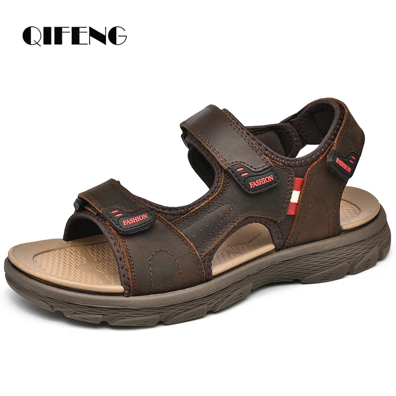 

Summer Men Leather Hiking Sandals Black Outside Slippers Fashion Outdoor Beach Shoes Sandalia Plataforma Male Sandalias Light