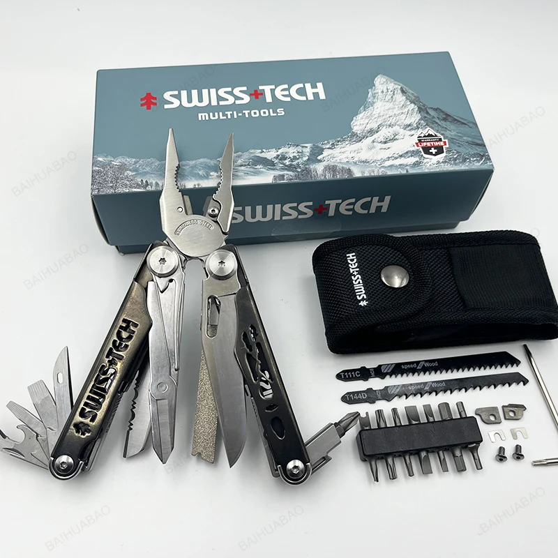 

SWISS TECH 37 In 1 Multitool Pliers Folding Multi Tool Scissors Cutter Replaceable Saw Blade EDC Outdoor Camping Equipment