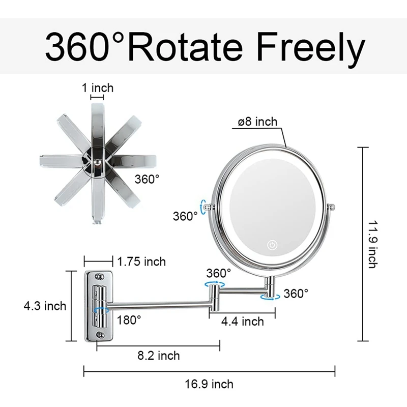 Настенное зеркало для раковины 1/10X Лупа 8 дюймов поворотное и ванной с 3 цветами