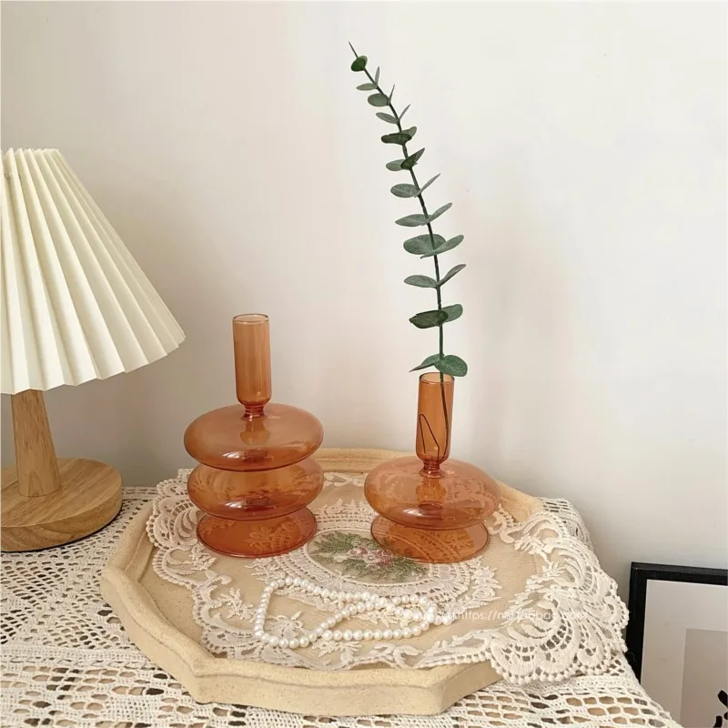 

Brown Glass Candlestick Vase Table DecorationKorean Style Minority Living Room Dry Flower Illustration Utensils Fake Flower