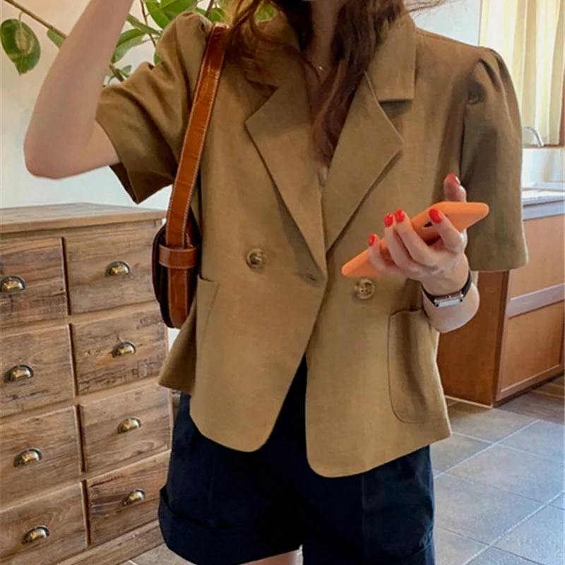 Korean Fashion Chic Puff Sleeve Blazer Jacket Short Sleeve Buttons Pockets Linen Wild Short Outerwear 2021 Autumn Women Clothes