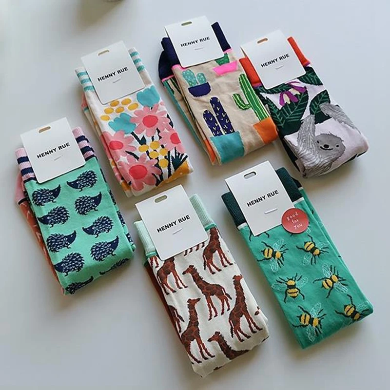 Fashion Colorful Autumn Stocking Women's Socks Plant Hedgehog Slothsi Cotton Socks Personality Straight Trendy Socks