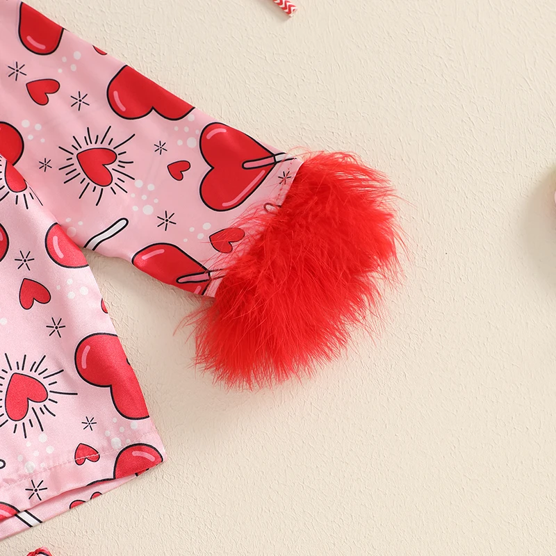 Toddler Kids Baby Girl Valentine's Day Pajamas Sets Satin Heart Print Long Sleeve Feather Trim Button Shirts Pants Sleepwear