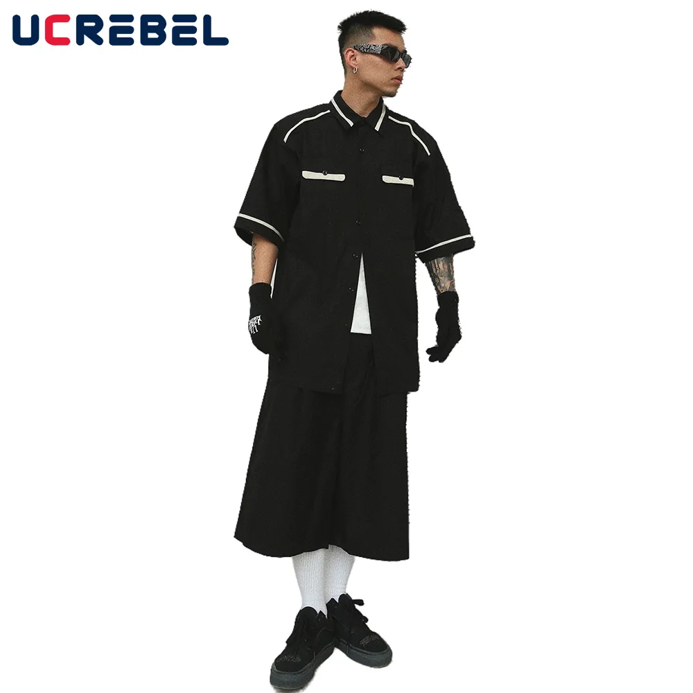 

Loose Shirts Suit Mens Summer Streetwear Half-Sleeve Lapel Shirts Loose Simple Knee-length Shorts Casual Two-piece Suit Men