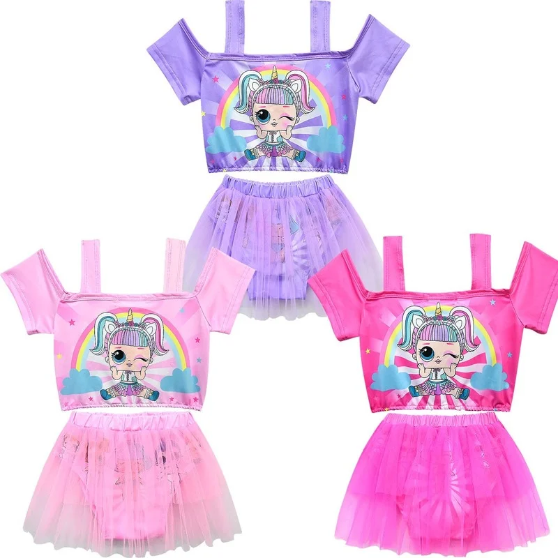 

LOL Little Girl Cosplay Swimsuit Set Doll Cartoon Girls Swimwear Kawaii Figure Bikini Outdoor Beach Baby Summer Dress UP