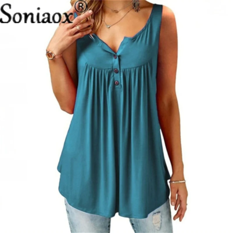 

Hot Women Tank Top Plus Size Solid V Neck Female Camisole Sleeveless Pleated T-Shirt Ladies Button 2022 Summer Women Loose Vest