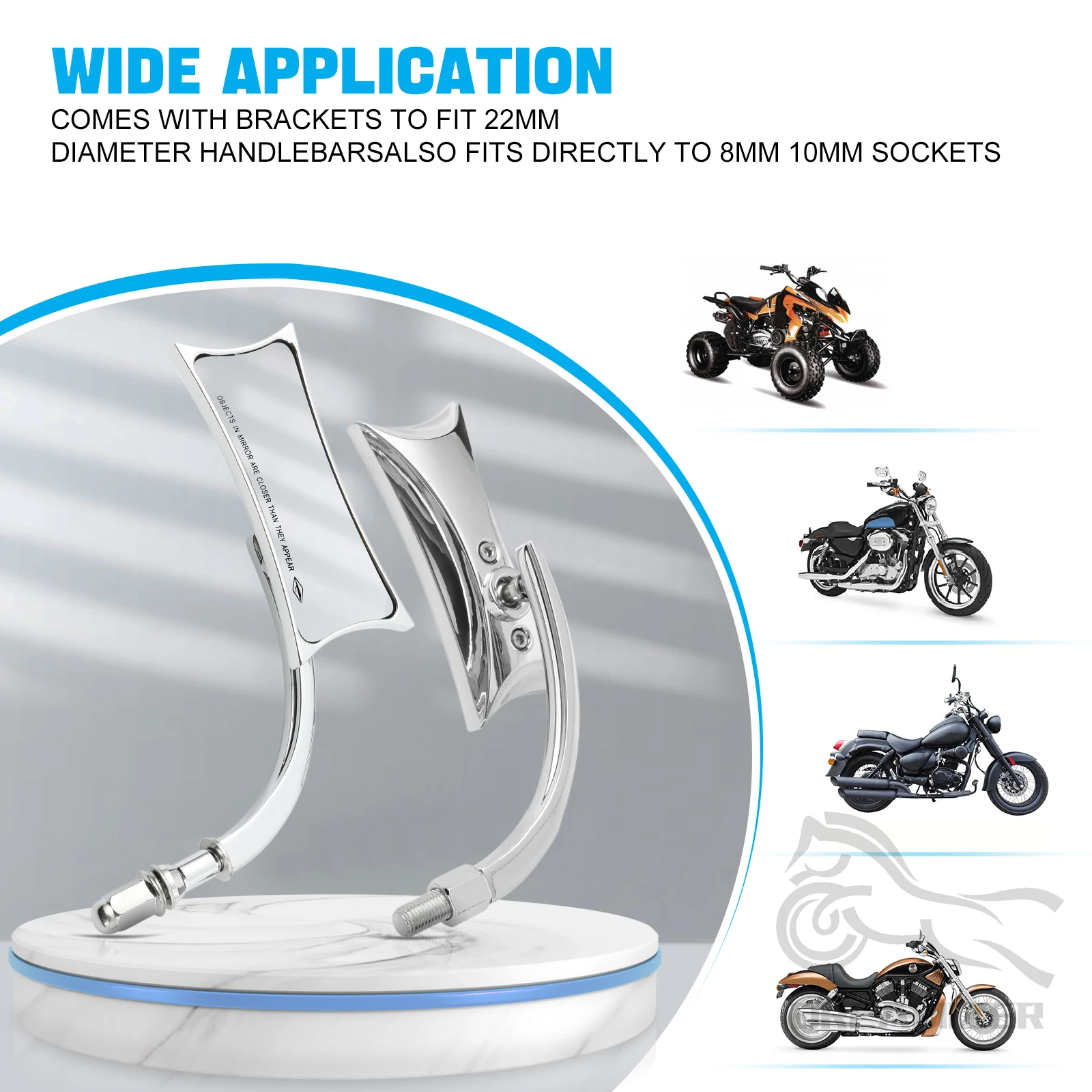 Зеркало заднего вида мотоциклетное черное хромированное 8/10 мм 2 шт.