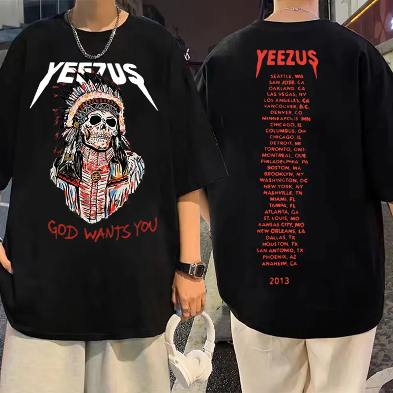 

2022 God Wants You Tshirt Kanye West Double Sided Logo Print T-shrits Tribal Skull Graphic Tees Tops Men Women Hip Hop T Shirt