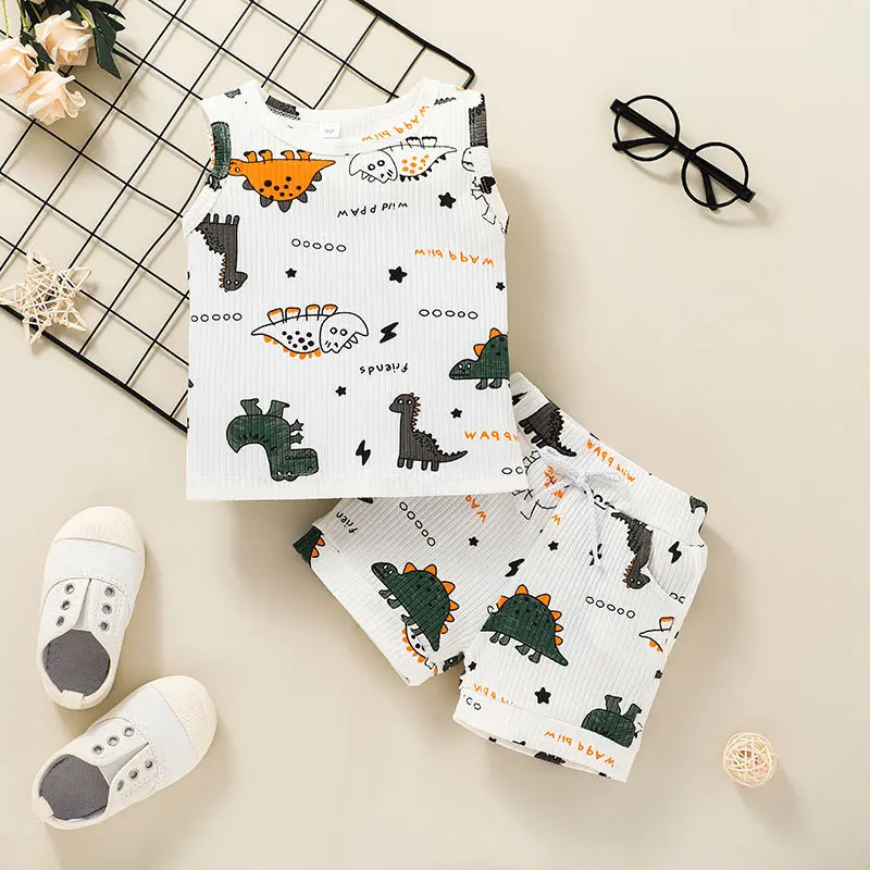 

Летний спортивный костюм для малышей из 2 предметов, жилет без рукавов с мультяшным принтом динозавра из хлопка и льна + шорты с эластичным поясом для маленьких мальчиков