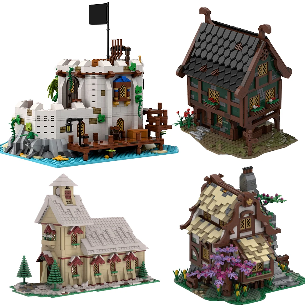 

MOC Medieval Architecture Tree House Blacksmith Windmill House Building Blocks Castle Church Model Bricks Children Kid Toys Gfit