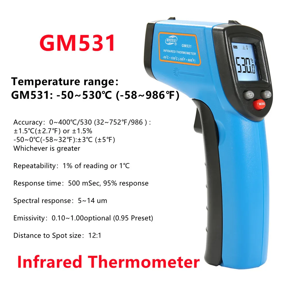 

-50~530℃ Digital Infrared Thermometer GM531 Non-contact Industrial Handheld Temperature Meter Portable Laser Thermometer Tester