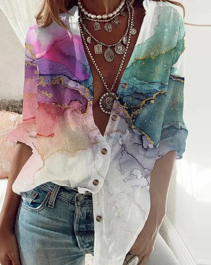 

Chic Casual Marble Print Buttoned Long Sleeve Shirt Daily T-Shirt Fashion Women's Blouse