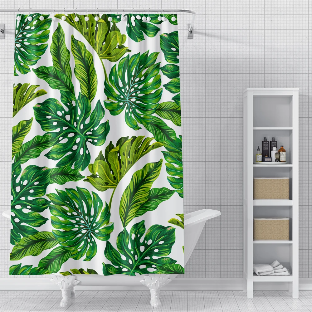 

Leaves Curtain Flowers Pattern Bath Curtain Waterproof Polyester Fabric Bathroom Curtains with 12 Hooks