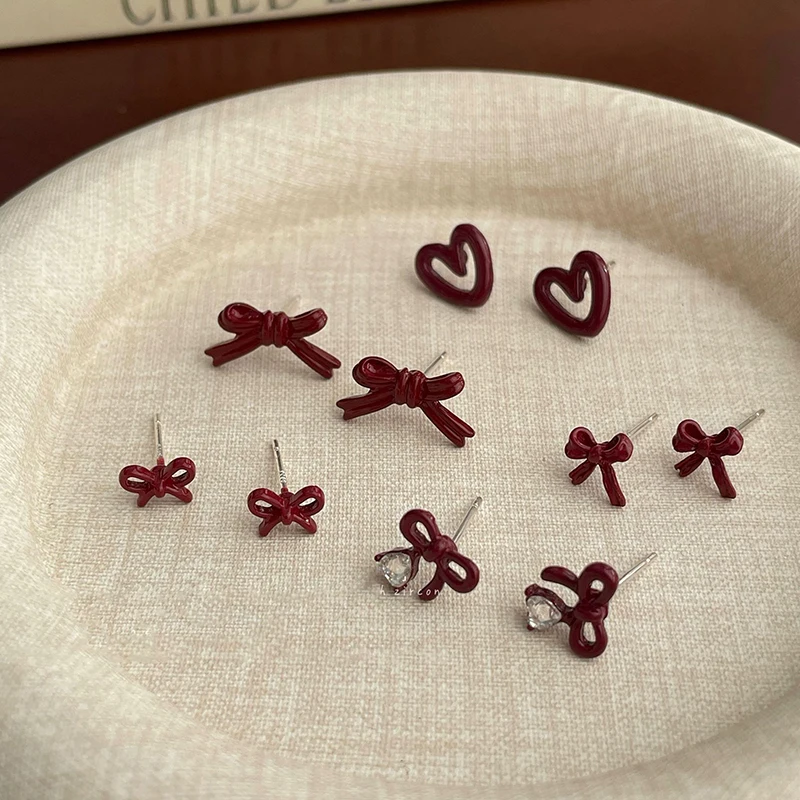 1 пара милых нежных мини-серьг-гвоздиков с красным бантом для женщин и девочек