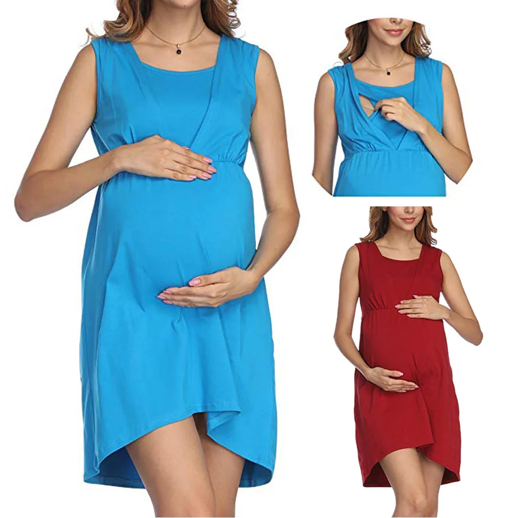 2022 summer cross-border new solid color maternity dress European and American fashion versatile sleeveless round neck lactation