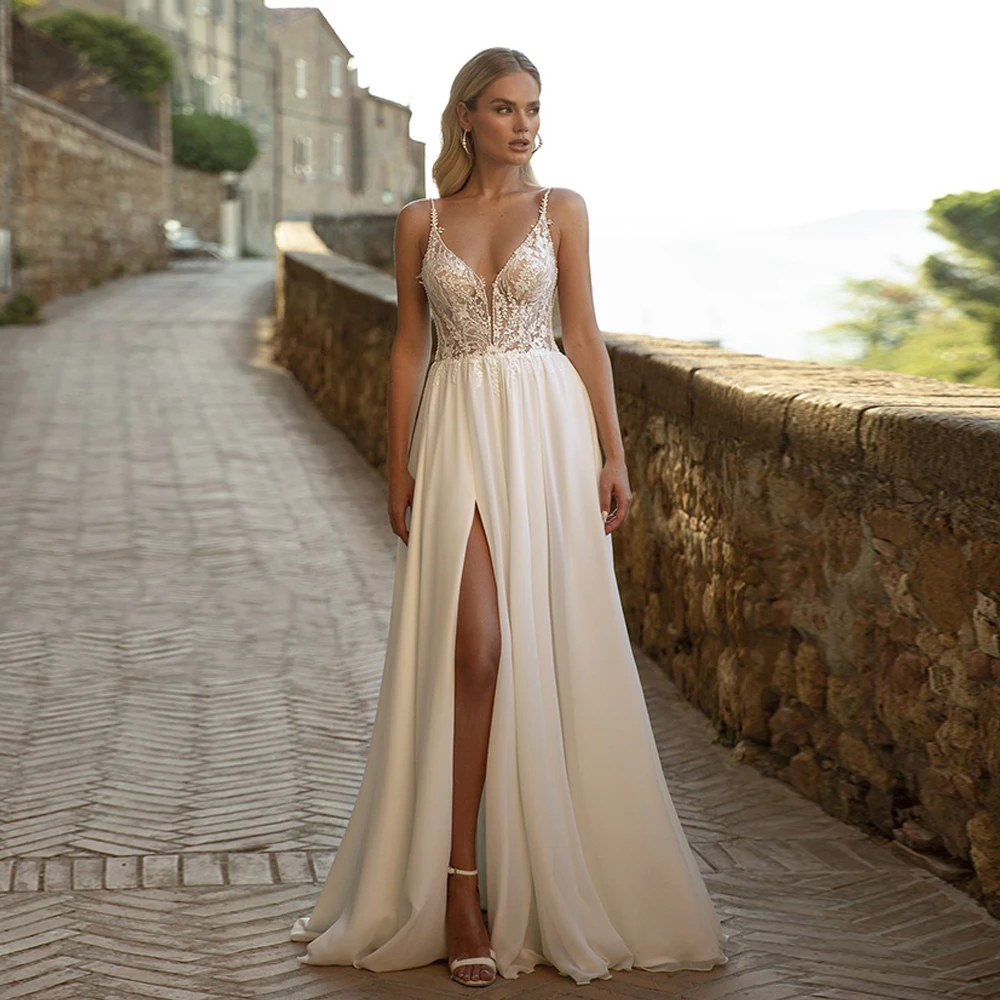 

Сексуальное свадебное платье, женское платье на бретельках с V-образным вырезом, прозрачное женское платье с высоким разрезом