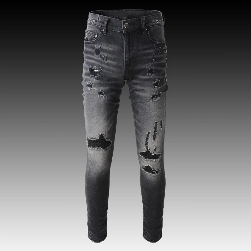 Streetwear Fashion Men Jeans Black Gray Destroyed Slim Ripped Jeans Men Denim Pants Patched Designer Hip Hop Brand Jeans Homme