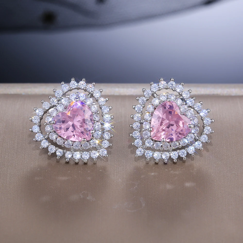 

New Princess Pink Heart Stud Earrings Dazzling Cubic Zirconia Romantic Female Earrings Trendy Jewelry Delicate Gift for Women