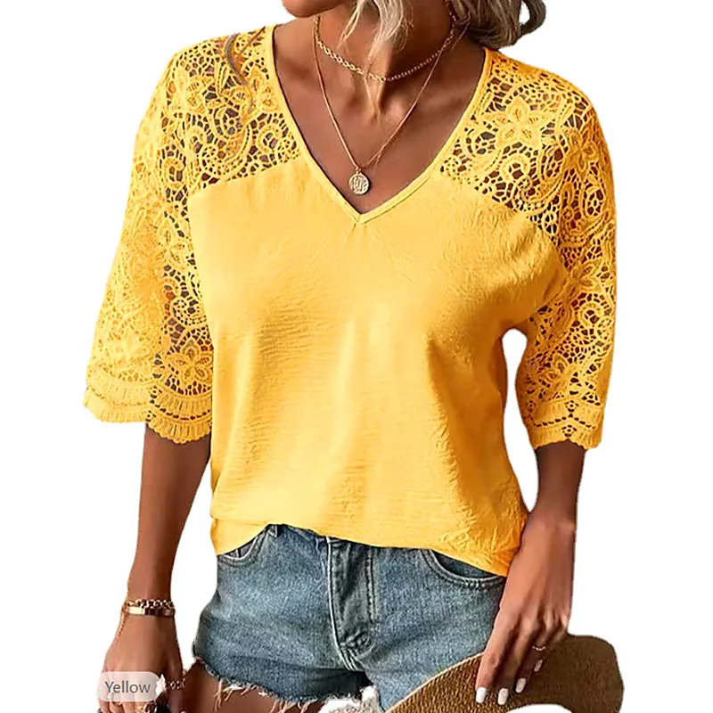 

Женская Кружевная футболка в стиле пэчворк, элегантная повседневная ажурная футболка с V-образным вырезом и рукавом до локтя, свободные однотонные женские топы в офисном стиле для лета
