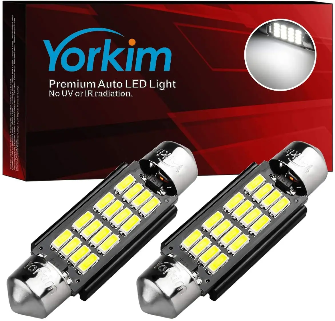 

Yorkim 578 Festoon LED Bulb 41mm 42mm LED Bulb White Bright Canbus Error Free 16-SMD 4014 Chipset LED Interior Light Pack of 2