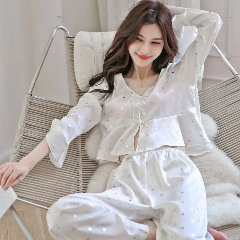 QWEEK Designer Clothes Women Luxury Sleepwear 2 Piece Set Trouser Suits White Pajamas Shiny Home Suit Long Sleeve Top + Pants