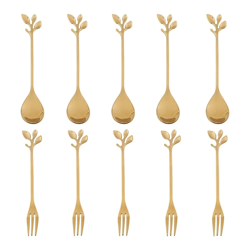 

40Spoon+40Forks Stainless Steel Leaf Coffee Cake Spoon Fork Dessert Spoons, Stirring Teaspoon Set Golden
