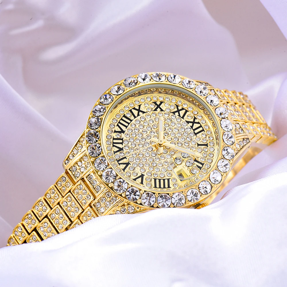 2Pcs Watch Bracelets Luxury Cubic Zirconia Stainless Steel Watches Hip Hop Fashion High Quality Stone Bracelet Set With Box