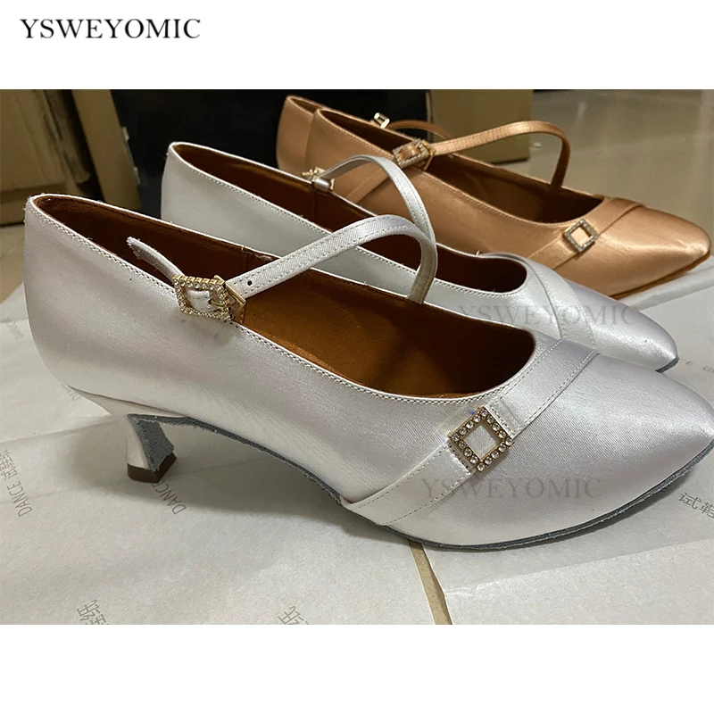 White Khaki High quality made Satin Ballroom Dance Shoes 5cm to 6cm Heel Closed Toe Standard Elegance Latin Ballroom Dance Shoes
