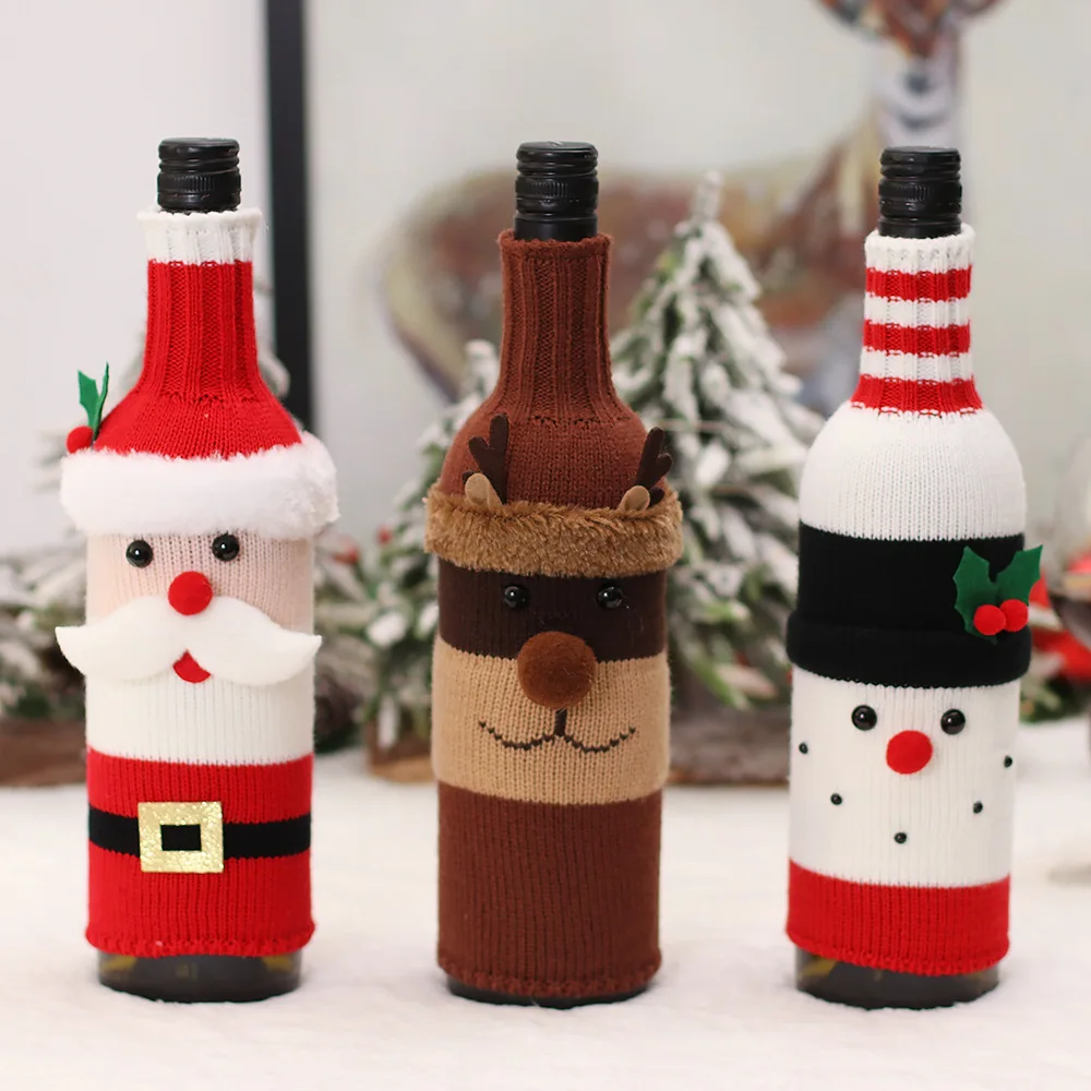 

2022 Christmas Bottle Cover Decorative Cartoon Knitted Snowman for the Elderly Wine Sleeve Holiday Restaurant Arrangement
