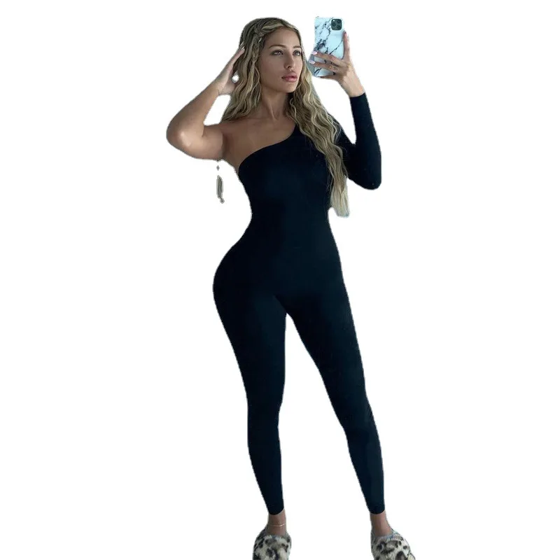 Women's 2023 New Diagonal Shoulder Single Sleeve Solid Color Sexy Tight Lifting Hip Strap Fashion Jumpsuit