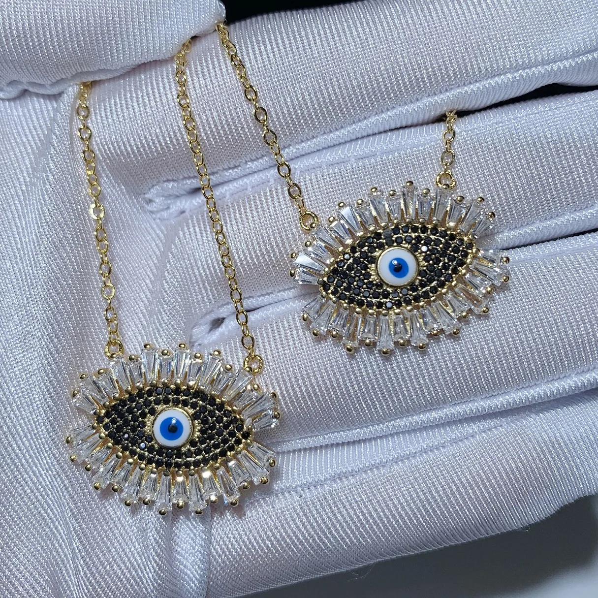 

Classic Turkish Evil Eye Pendant Necklace for Women with White Black Stones Cubic Zirconia Charm 41+5cm Chain Gold Plated Color