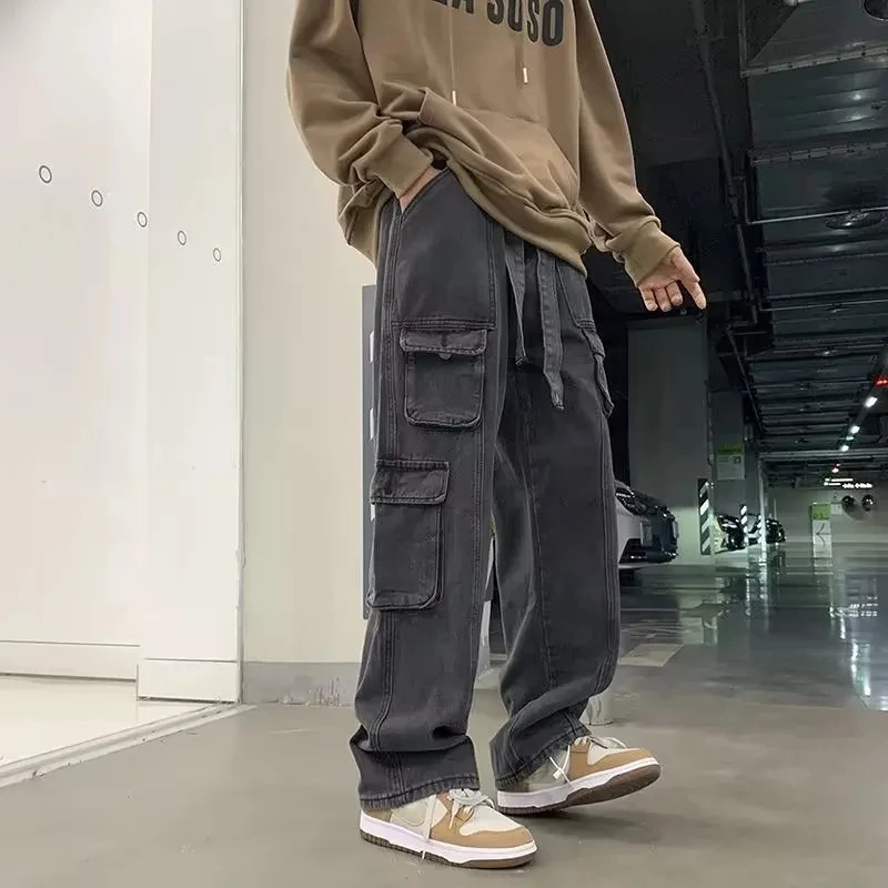 Korean Streetwear Hip Hop Harajuku Oversize Baggy Cargo Jeans Trousers Male Denim Pants Black Wide Leg Pants Men's Jeans