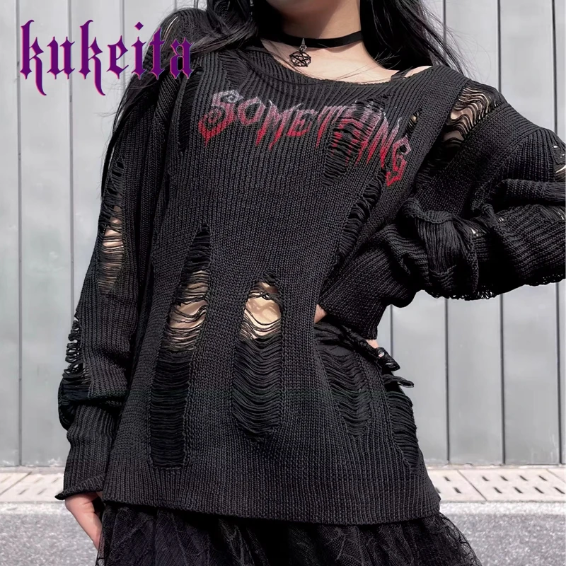 

Женский свитер в готическом стиле, Свободный пуловер с вырезами и длинным рукавом, в стиле гранж, альтернативная одежда в стиле панк и эмо, Y2K