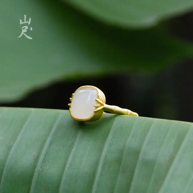 

Xinzhu Natural Hetian White Jade Bamboo Ring 925 Sterling Silver Jade Opening Adjustable Simple Fashion Small