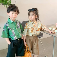 rinilucia 2022 summer new kids clothes animal print lapel girls blouse korean casual boys shirts fashion children tops