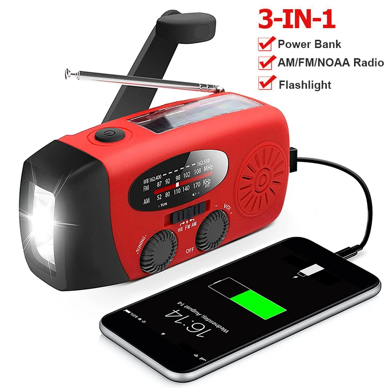 Emergency Hand Crank Radio Multifunctional AM/FM/NOAA Portable Weather Power Bank Solar Charging with LED Flashlight |