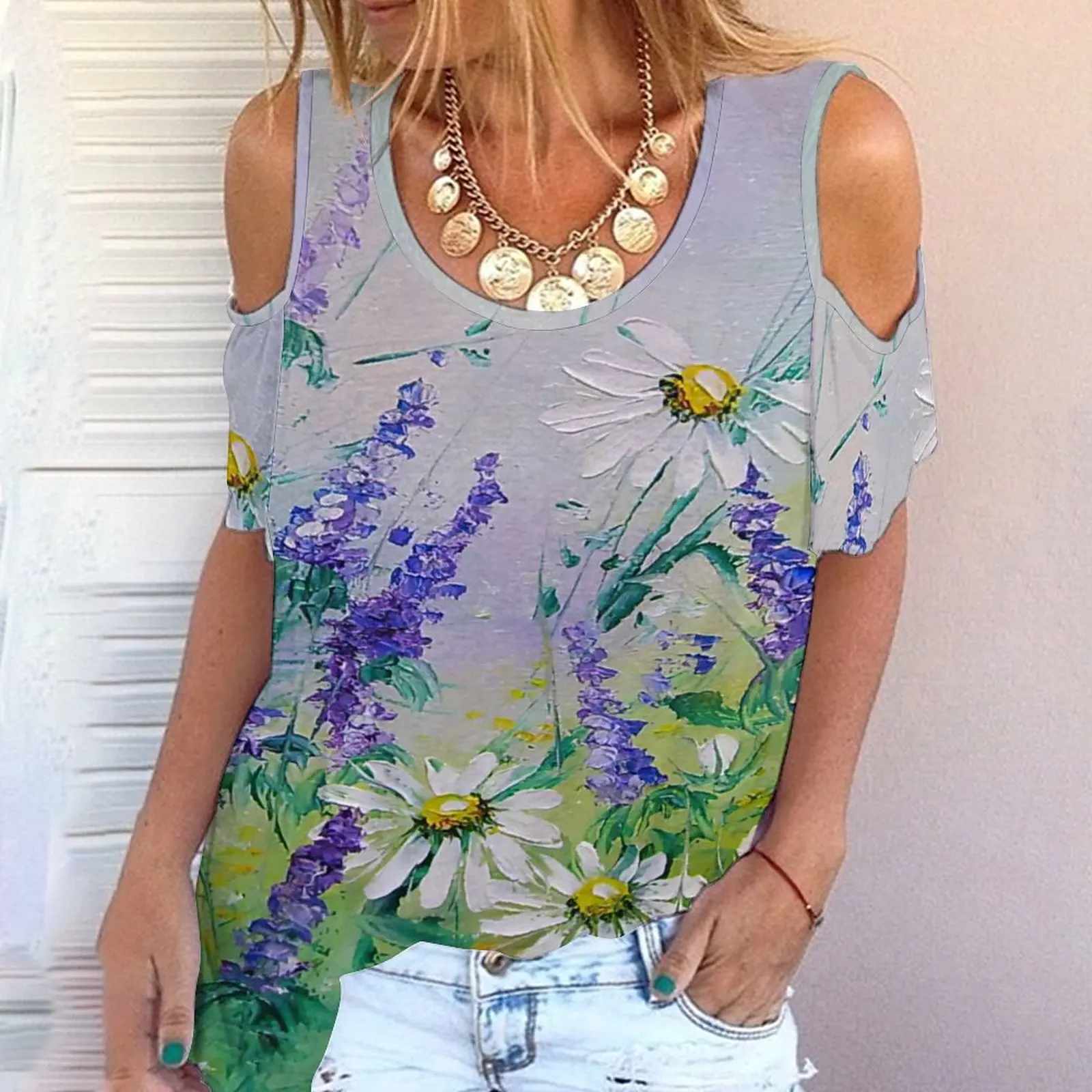 

Женская футболка с открытыми плечами, футболка с круглым вырезом и коротким рукавом в европейском и американском стиле с принтом розы, нови...