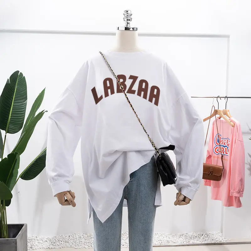 

DAYIFUN Large Size White Sweatshirt Pullovers Fashion Women's Blouses 2022 Autumn Letter Print Oversized Top Female Mid-length