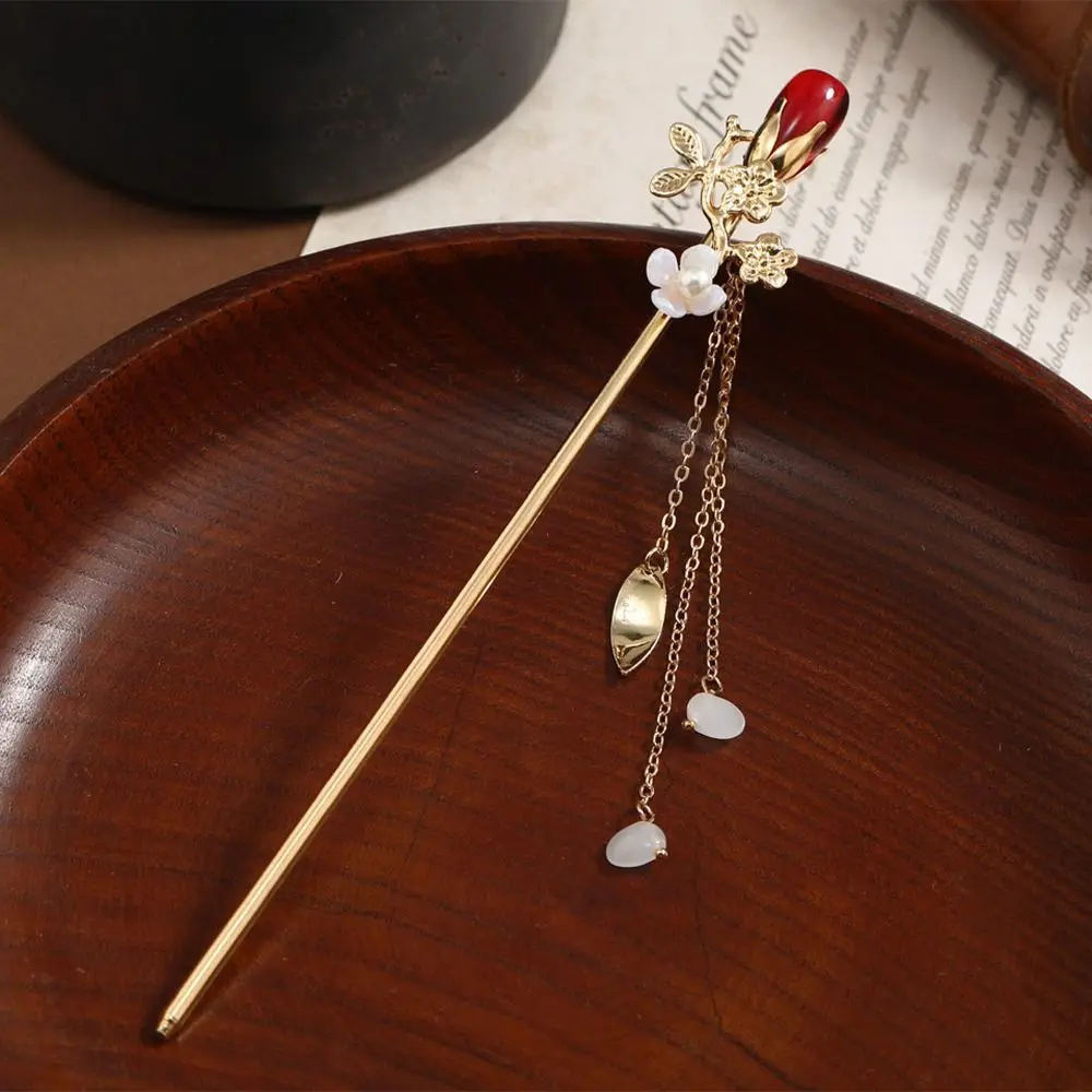 

Women Hair Stick Hairpin Chinese Style Hair Clasp Hair Fork Temperament Flower Tassel Persimmon Pearl Hanfu Ornament