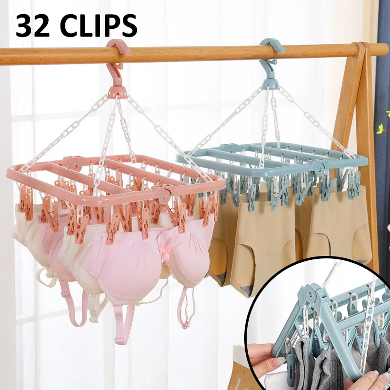 32 Clips Folding Clothes Dryer Hanger Household Socks Underwear Drying Rack Windproof Children Adults Storage Laundry Rack