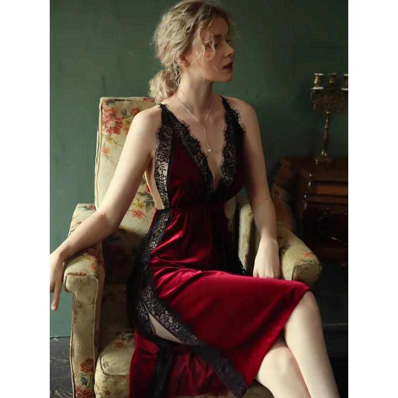 Сексуальная ночная рубашка женская одежда для сна осень/зима золотистая