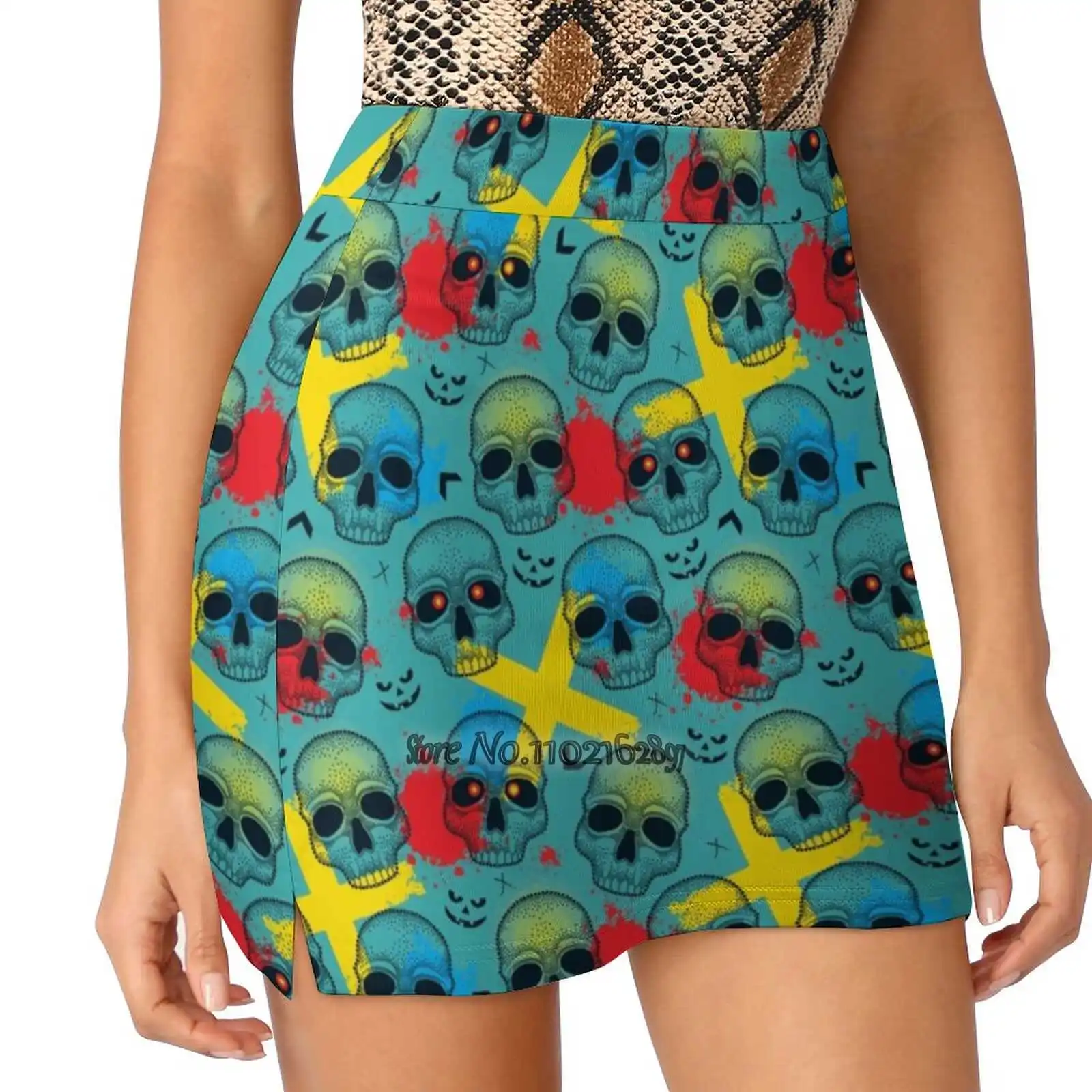 

Pattern With Dotted Skull Arrows Crosses And Red Blots. Women'S Summer Fake Two Piece Skirts Casual Sports Beach Skirt Girl