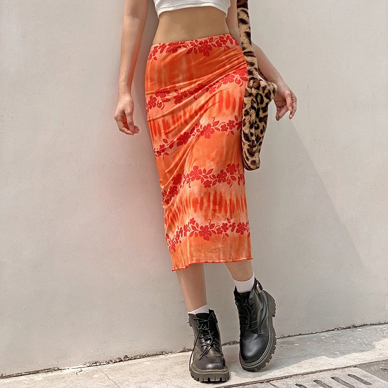 

Women Summer Y2k Orange Floral Long Skirts Cute All-Match Skirts Beach Style Frill Sweet Mid-Calf Skirts Fashion Bottom Skirts