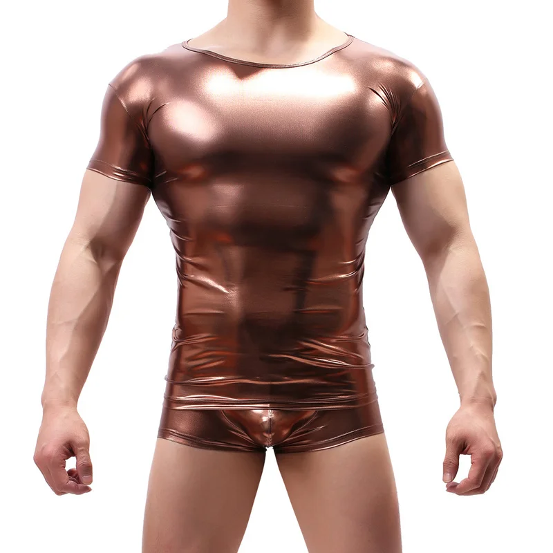 Sexy Men Clothes Set Shiny PU Leather Wet Look Short Sleeve Shirts Stage Nightclub Tops Boxer Shorts Underwear Mens Undershirts