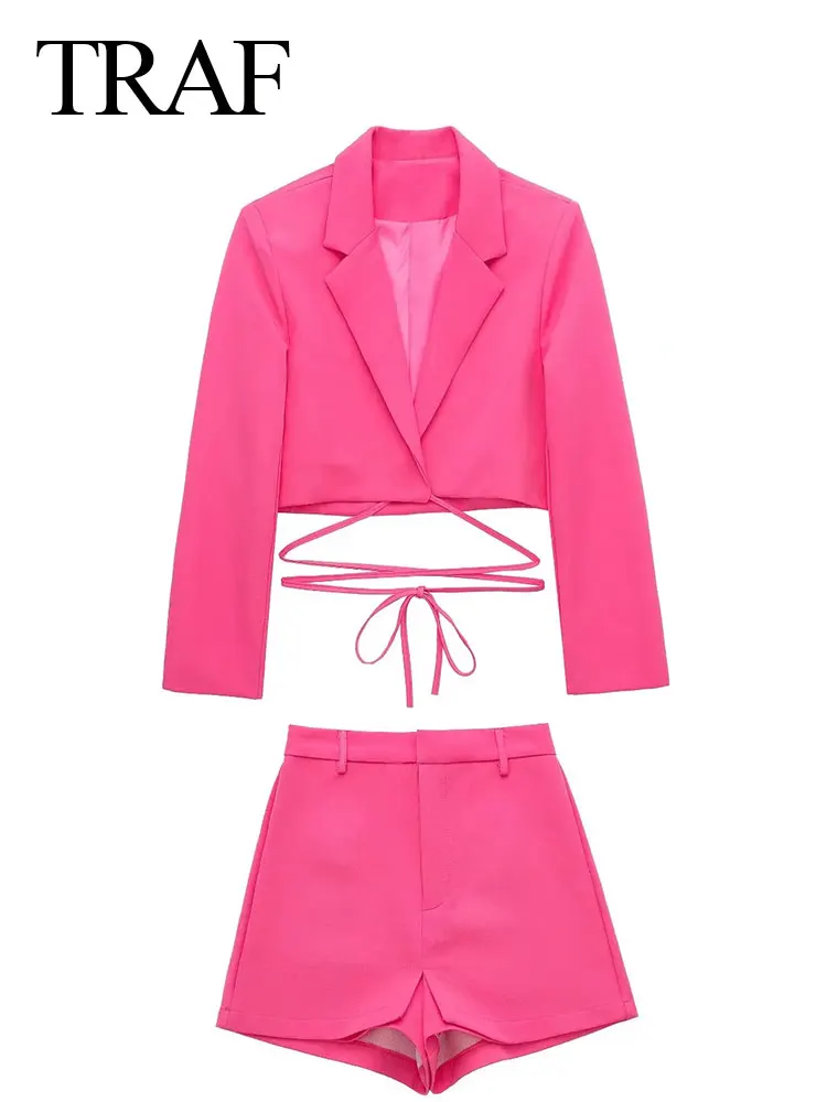

TRAF High Street Fashion Short Buttonless Lace-Up Suit Top Shorts Suit Youth Dragon Fruit Bright Eyewear Women's Clothing