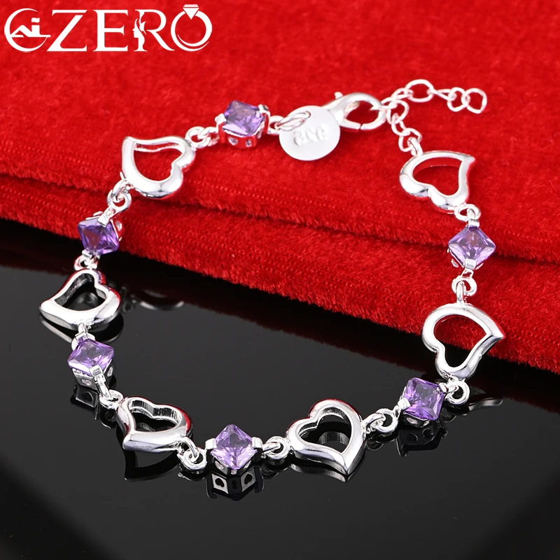 

Six Heart Purple Zircon Chain Bracelets For Women 925 Sterling Silver Fine Jewelry Wedding Engagement Fashion Party Accessories