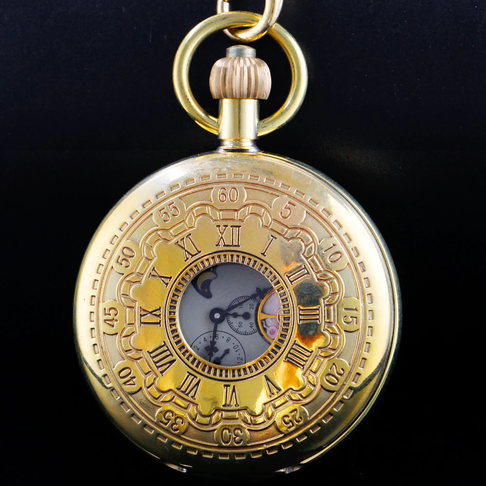 Deluxe Gold Flywheel Mechanical Automatic Chord Pocket Watch Roman Digital Skull Dial Pendant Automatic Antique Clock Gift