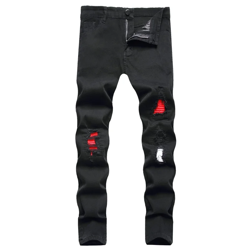 2022 Mens Ripped Jeans Pleated Patch Elastic Pencil Pants Full Length Denim Pants Streetwear Trousers Pantalones Vaqueros Hombre