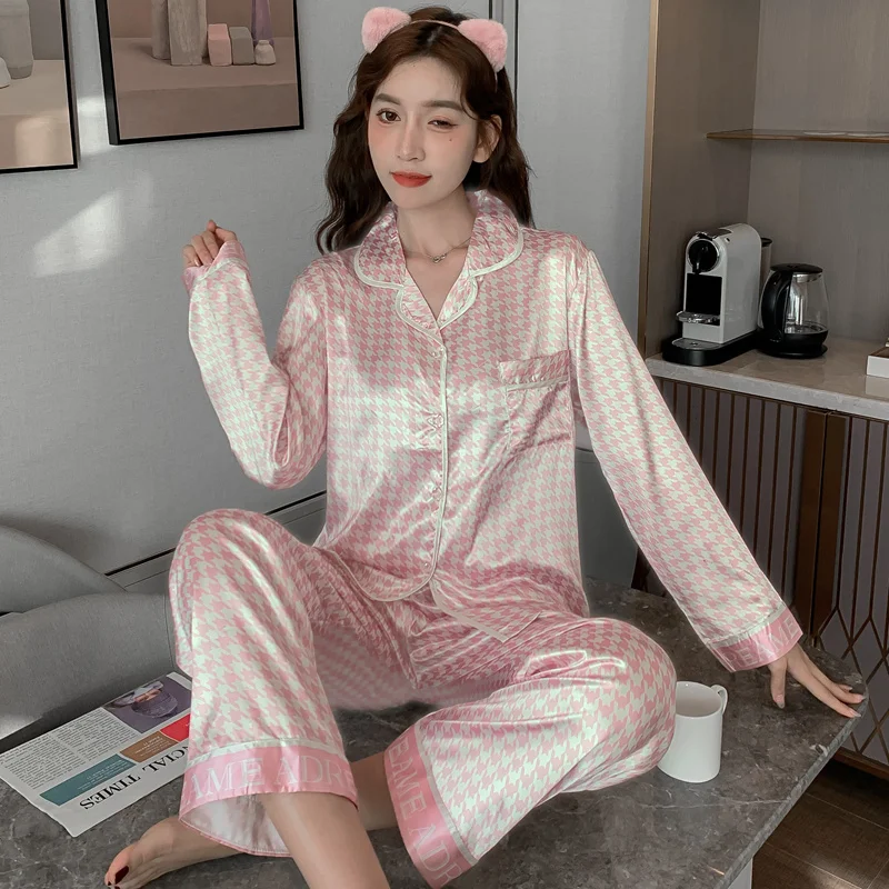 2022 New Silk Ladies Pajamas Autumn Ice Silk Long Sleeve Pants Set Printing Fashion Pajamas Women's Homewear