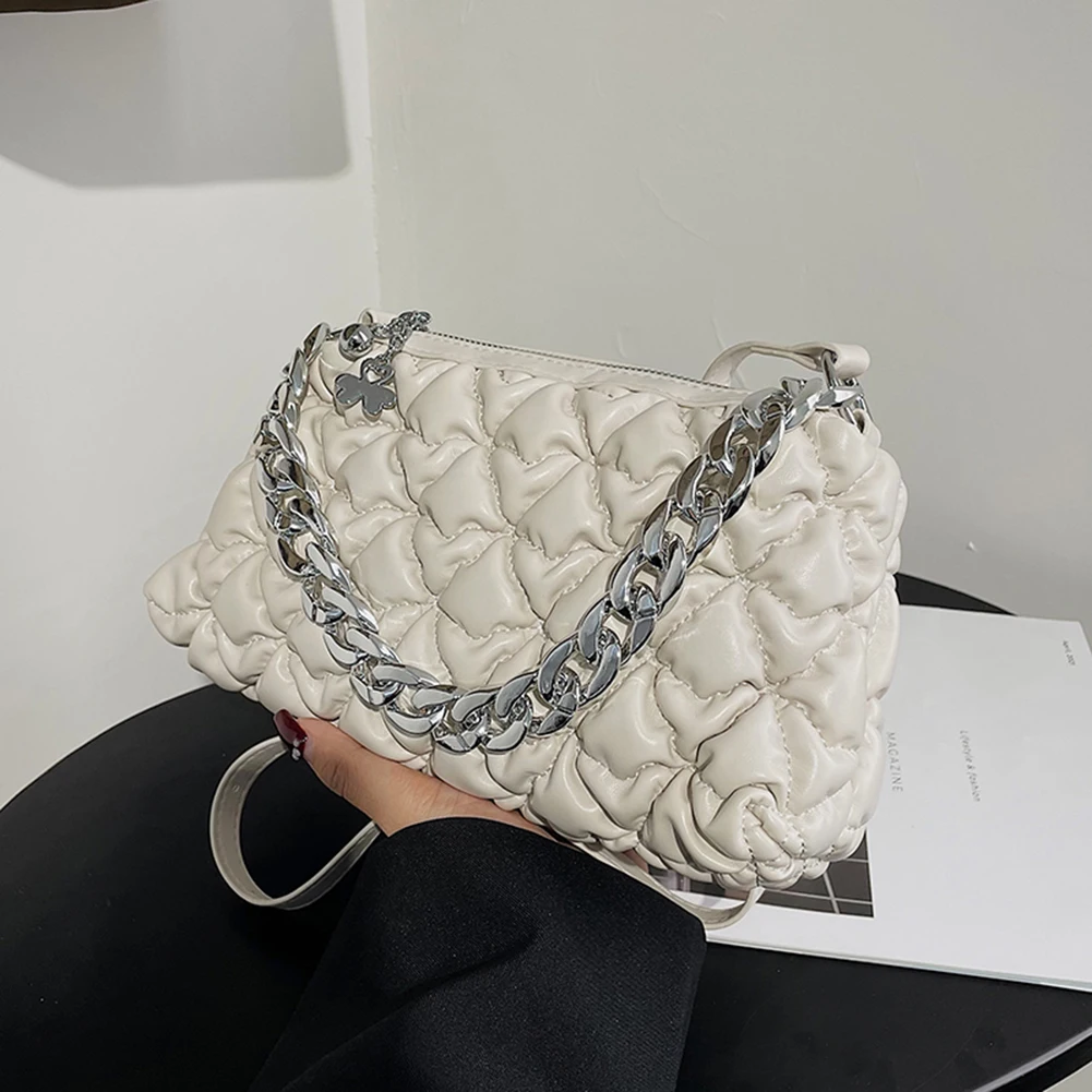 

Fashion New Designer Padded Chain Handbag For Ladies Women PU Leather Pleated Tote Casual Thread Messenger Shoulder Bag 2021